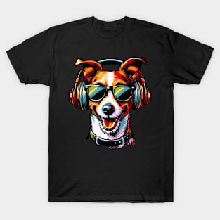 Smiling Russell Terrier DJ Enjoys Music in Japanese Style T-Shirt